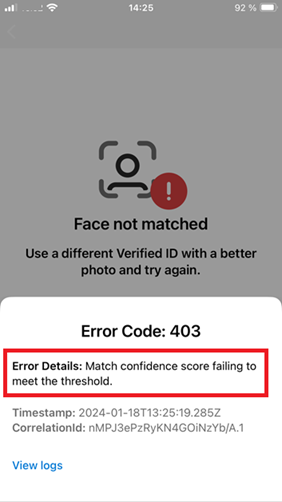 Captura de tela da baixa pontuação de confiança na Verificação Facial.