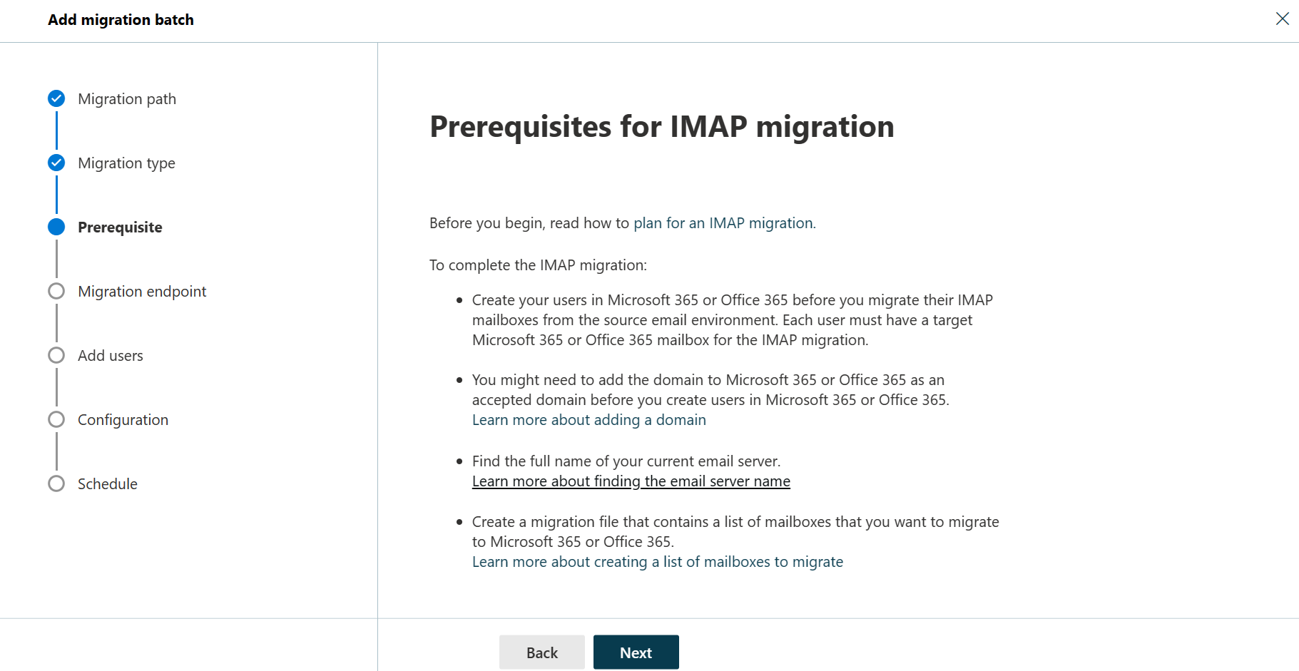 Captura de ecrã do terceiro passo do assistente do lote de migração a listar os pré-requisitos para uma migração IMAP.