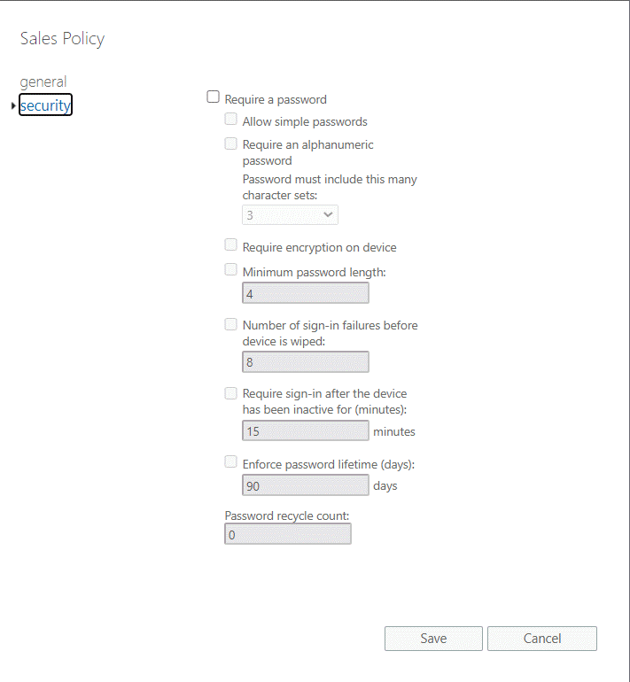 Editar política de caixa de correio de dispositivos móveis – separador Segurança.