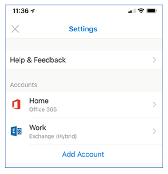 Um exemplo de uma conta do Outlook para iOS e Android configurada para Autenticação Moderna híbrida.