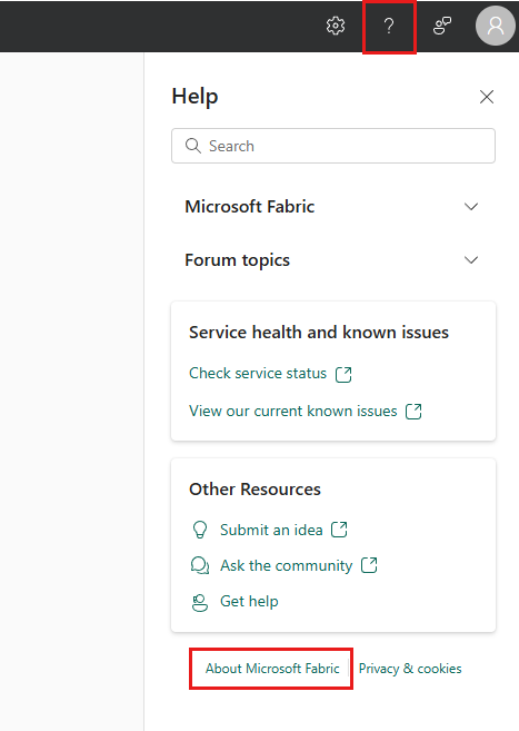 Captura de tela mostrando como chegar ao Sobre o Microsoft Fabric no painel de ajuda.