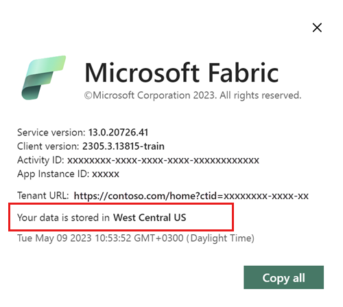 Captura de tela mostrando a janela Sobre o Microsoft Fabric com o local de armazenamento destacado.