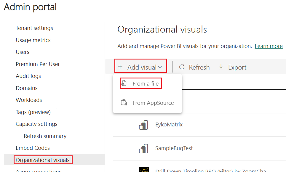 Captura de tela exibindo o menu de visuais organizacionais nas configurações de administração do Power BI. A opção Adicionar visual é expandida, e a opção De um arquivo é selecionada.