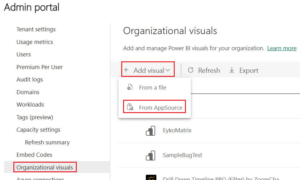 Captura de tela exibindo o menu de visuais organizacionais nas configurações de administração do Power BI. A opção Adicionar visual é expandida, e a opção Do AppSource é selecionada.