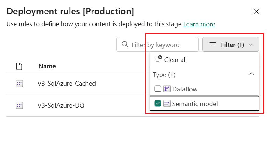 Uma captura de tela do painel regras de implantação na nova interface do usuário, mostrando que você pode definir regras para fluxos de dados, conjuntos de dados, datamarts e relatórios paginados.