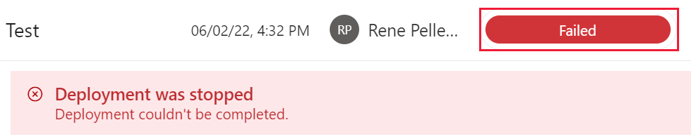 A screenshot of the deployment pipelines history failed deployment icon selected.