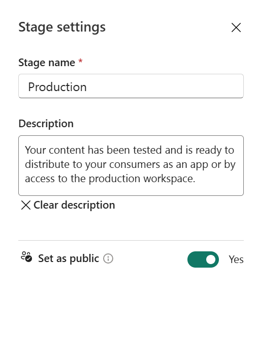 Captura de tela das configurações de estágio com a opção Tornar estágio público definida como Sim.