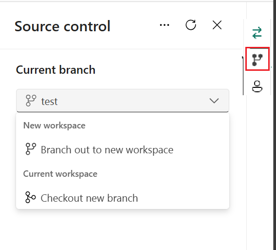 Captura de tela da guia de ramificação no painel de controle do código-fonte.