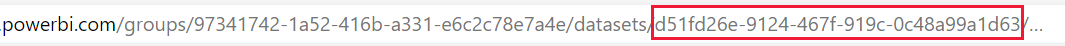Uma captura de tela da ID do conjunto de dados como aparece em uma URL do Fabric.