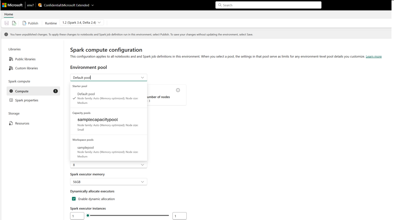 Captura de tela mostrando os pools de capacidade listados na lista de pools nas configurações do ambiente.