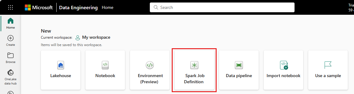 Captura de tela mostrando onde selecionar o cartão Definição de trabalho do Spark.