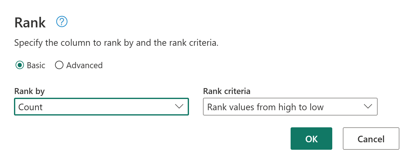 Captura de tela da janela Classificar com todas as configurações padrão exibidas.