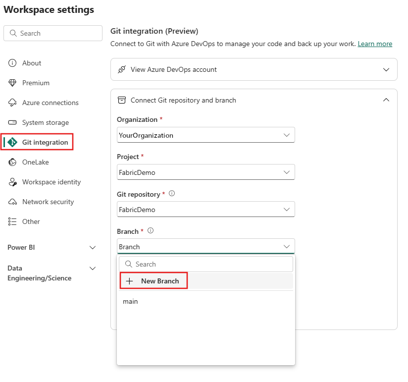 Captura de tela mostrando onde selecionar a guia Integração do Git e o botão + Novo Branch na caixa de diálogo Configurações do espaço de trabalho.