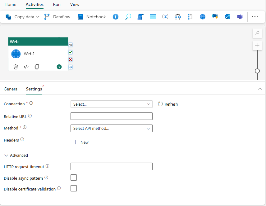 Captura de tela mostrando a guia Configurações da atividade de pesquisa destacando a guia e onde escolher uma nova conexão.