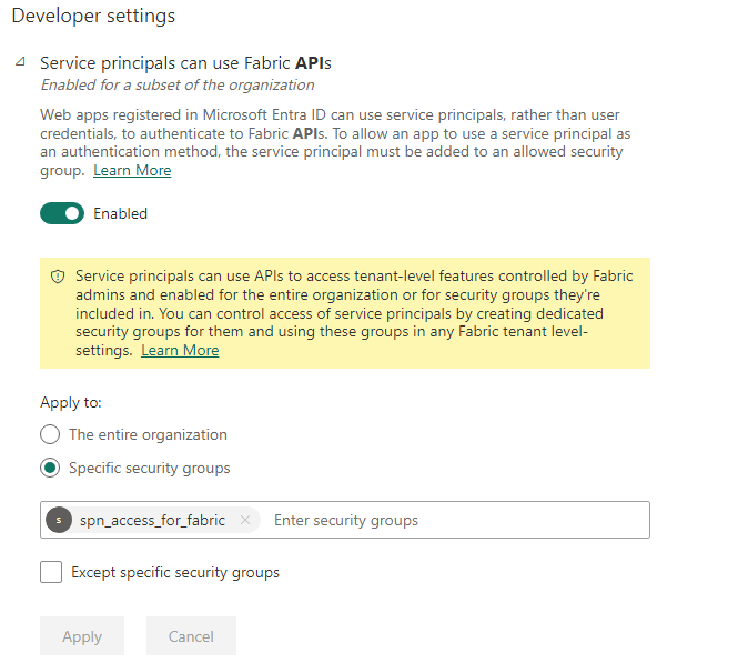 Captura de tela do portal do Fabric da página Configurações do Desenvolvedor nas Configurações do Locatário.