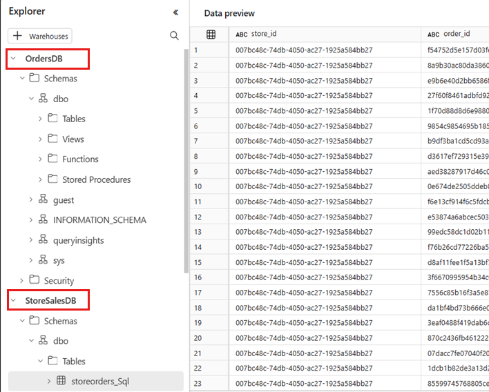 Captura de tela do editor de consultas com vários bancos de dados espelhados disponíveis.