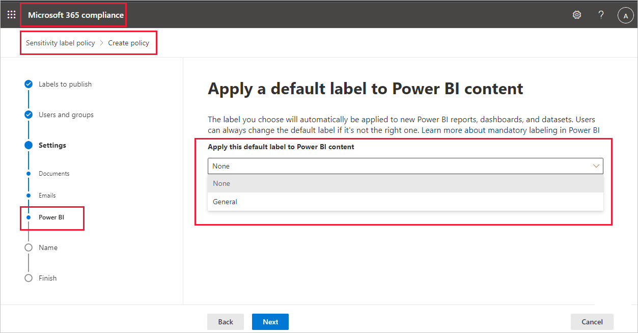 Captura de tela da configuração de rótulo padrão no portal de conformidade da Microsoft.