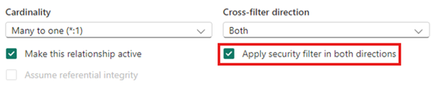 Captura de tela da configuração de relação de modelo para aplicar o filtro de segurança em ambas as direções.