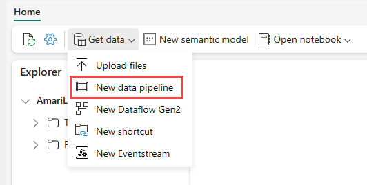 Captura de tela mostrando como navegar para a nova opção de pipeline de dados na interface do usuário.