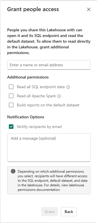 Uma captura da tela Conceder acesso a pessoas do Lakehouse.