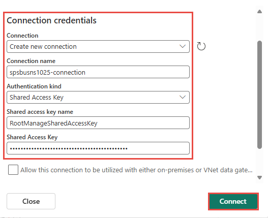 Captura de tela que mostra a seção Credenciais de conexão da página um Conectar para o conector do Barramento de Serviço do Azure.