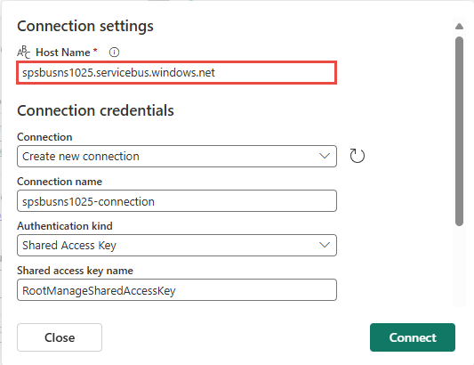 Captura de tela que mostra as configurações de conexão com o namespace do Barramento de Serviço.