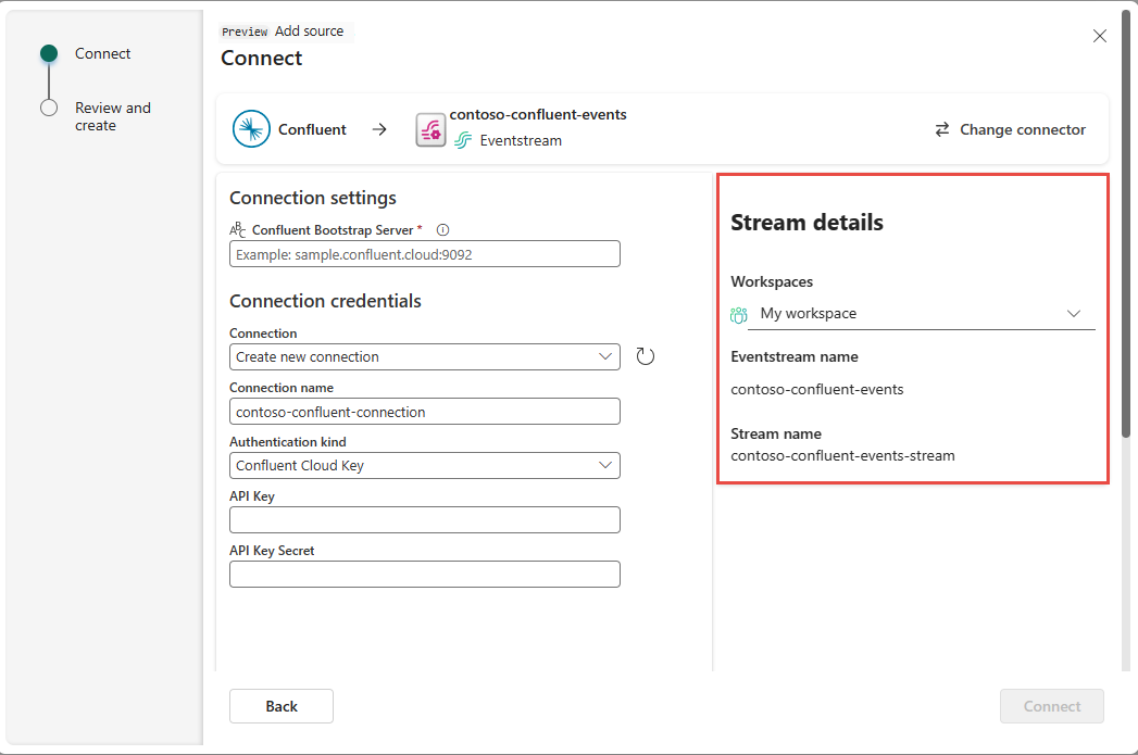 Captura de tela que mostra o painel direito com a seção Detalhes do Stream da página de configurações de conexão do Confluent.