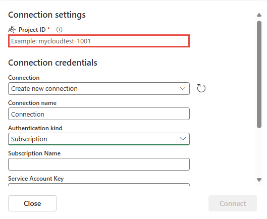 Captura de tela mostrando a seção Configurações de conexão da página Nova conexão.