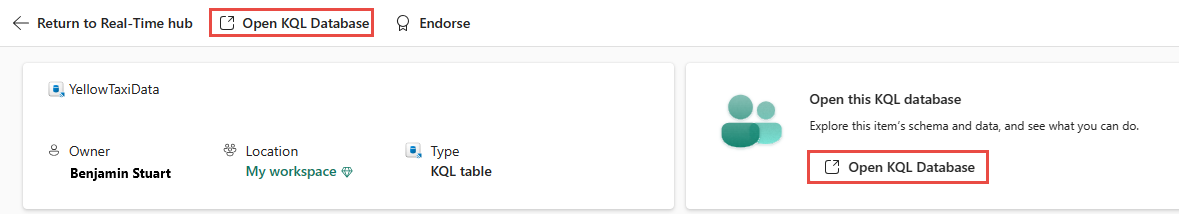 Captura de tela mostrando os links Abrir Banco de dados KQL para um fluxo do tipo Tabela no modo de exibição detalhe.