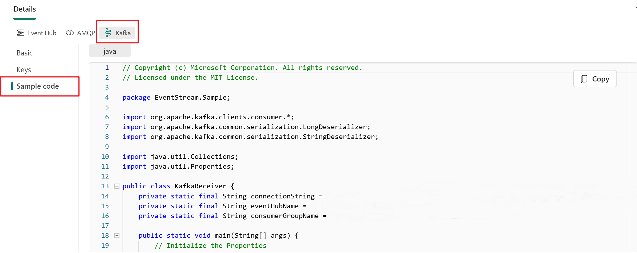 Captura de tela mostrando a amostra de código do Kafka no painel Detalhes do modo de exibição ao vivo do eventstream.