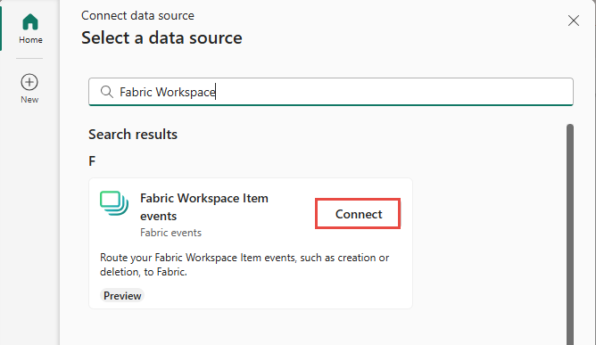 Captura de tela que mostra a seleção de eventos do Item do Workspace do Fabric como o tipo de origem na janela Selecionar uma fonte de dados.