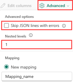 Captura de tela de opções avançadas JSON.