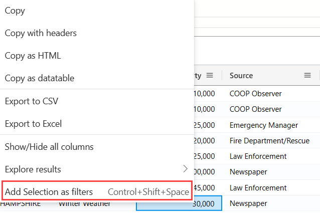 Captura de tela de um menu suspenso com a opção Adicionar seleção como filtro para consultar diretamente da grade.