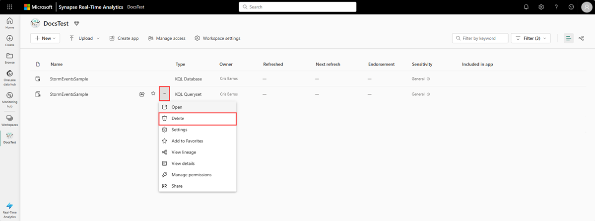 Captura de tela do espaço de trabalho do Microsoft Fabric mostrando os recursos criados com base na galeria de amostra. A opção de menu mais intitulada excluir está em destaque.