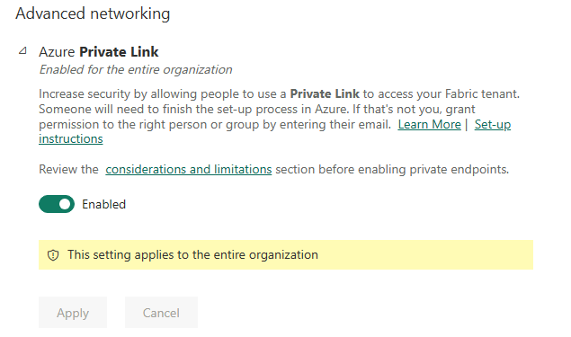 Captura de tela que mostra a configuração do locatário do Link Privado do Azure.