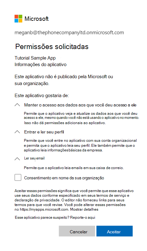 Caixa de diálogo de consentimento da conta Microsoft.