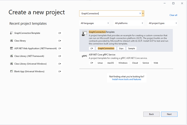 Captura de ecrã da página Criar projeto a partir do modelo no Visual Studio