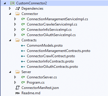 Captura de ecrã da estrutura do projeto CustomConnector no Visual Studio