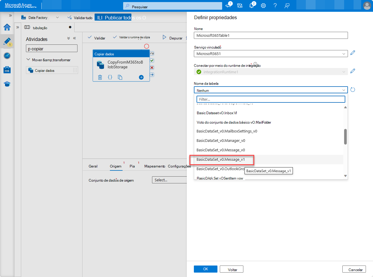 Captura de ecrã da página Recursos de fábrica do portal do Azure com a lista de conjuntos de dados expandida.