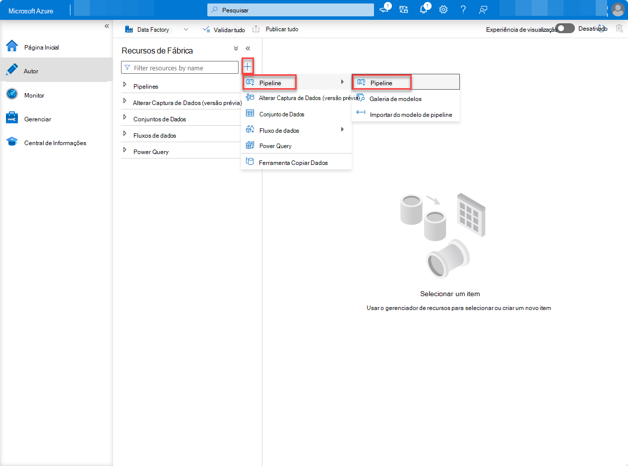 Captura de ecrã da página do serviço Data Factory do portal do Azure com o Pipeline realçado.