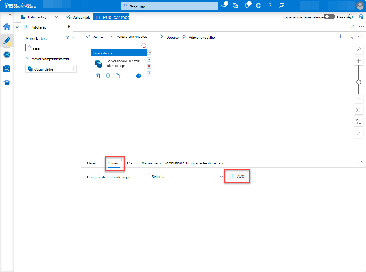 Uma captura de ecrã da página do serviço Data Factory do portal do Azure com a criação de uma nova origem de pipeline.