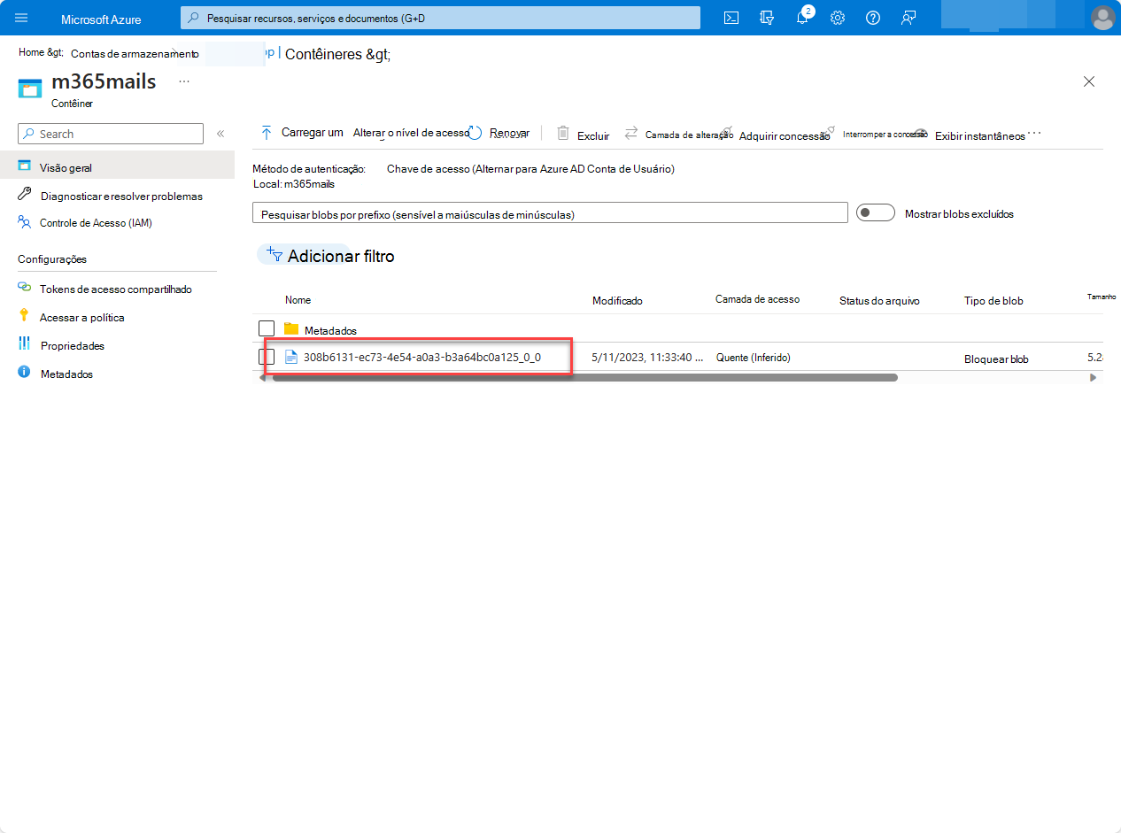 Captura de ecrã da interface de utilizador do portal do Azure que mostra o ficheiro recentemente criado no contentor do Armazenamento do Azure.