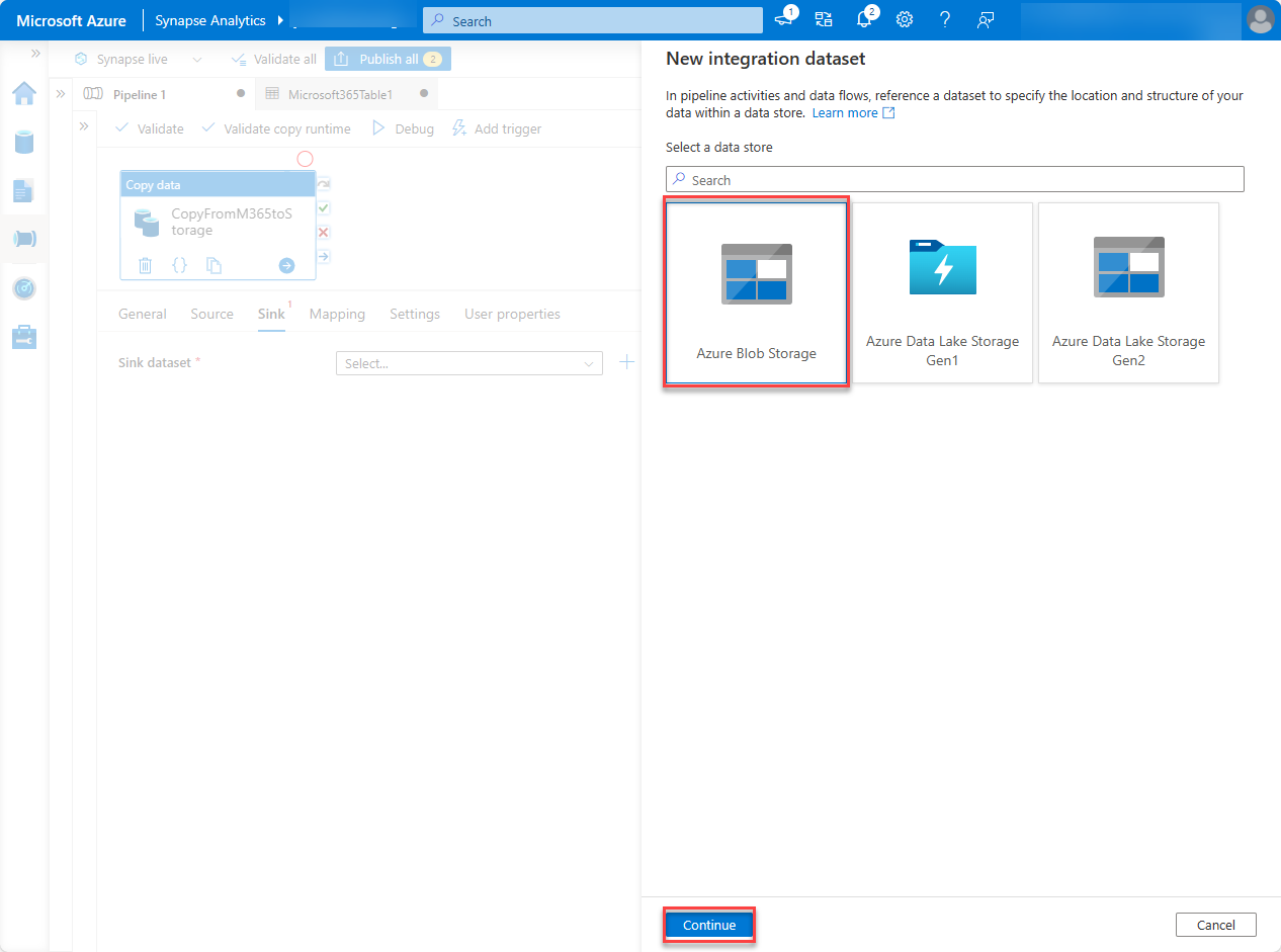 Captura de ecrã do painel Novo conjunto de dados de integração com o Armazenamento de Blobs do Azure realçado.