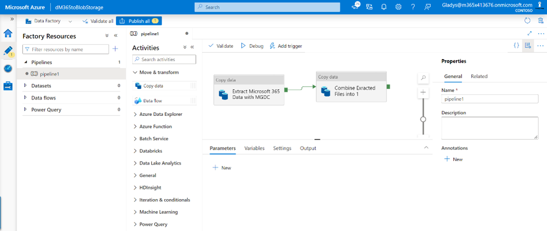 Captura de ecrã do Microsoft Azure a mostrar a atividade copiar dados