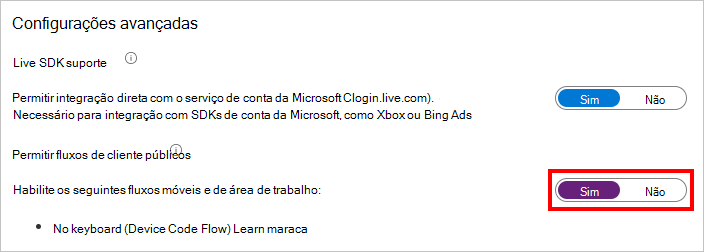 Uma captura de ecrã do botão de alternar Permitir fluxos de cliente públicos