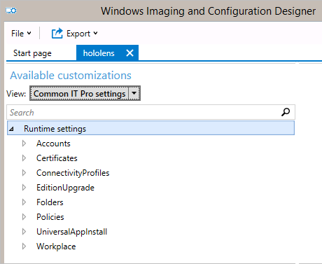 configurações comuns de runtime para o HoloLens.