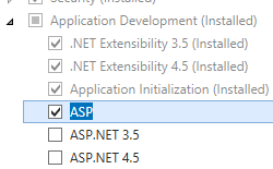 Screenshot of Web Server and Application Development pane expanded with A S P selected.