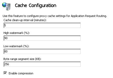 Captura de tela da página Configuração de Cache. Na caixa Tamanho do segmento do intervalo de bytes K B, um valor de duzentos e cinquenta e seis é gravado. A opção Habilitar compactação está selecionada.