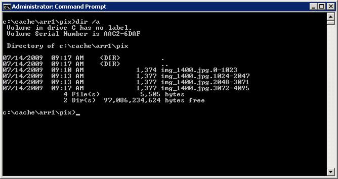 SCreenshot do prompt de comando do administrador. O diretório de solicitações de intervalo de traço de bytes é listado.