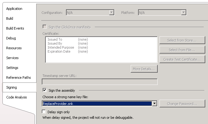 Screenshot of the signing tab showing the entered key file name in the Choose a strong name key file field.